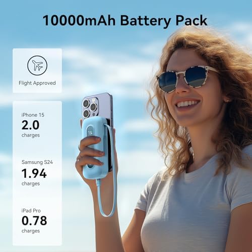 Ultra-Portable 10,000 m Ah Power Bank with Retractable Cable & USB-C to Lightning Compatibility – 30 W Fast Charging Battery Pack for i Phone 16/15/14/13 & Samsung Devices – LED Display for Easy Monitoring – Essential Travel Charger for On-the-Go Power Solutions