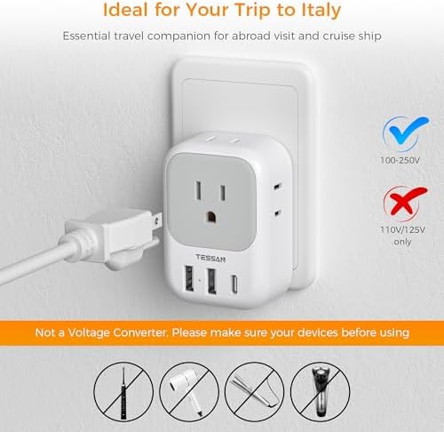Ultimate European Travel Power Adapter: 4 AC Outlets & 3 Fast Charge USB Ports (1 USB-C PD 20 W) – Compact, Foldable Design for Effortless Connectivity in Spain, France, Germany, Italy, Portugal & Iceland – Versatile Compatibility for All Your Devices