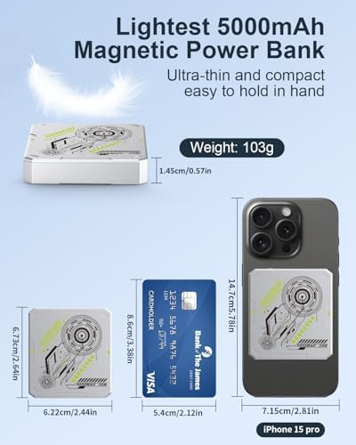 MOXNICE 5000 m Ah Magnetic Power Bank for Mag Safe – Ultra-Fast Charging Portable Battery Pack with 20 W USB-C Output, Sleek Titanium Design Compatible with i Phone 15, 14, 13, 12 – Effortless Wireless Charging for Active Lifestyles