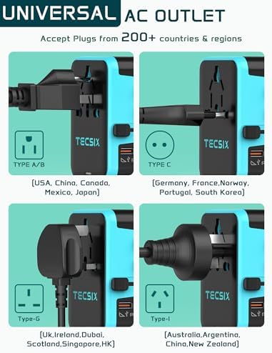 Global Travel Power Adapter with Dual USB-C & USB-A Ports – Compact 240 V AC Charger for International Use in EU, US, UK, AUS – Fast Charging Solution for Modern Travelers – Sleek, Lightweight Design (Black/Blue)
