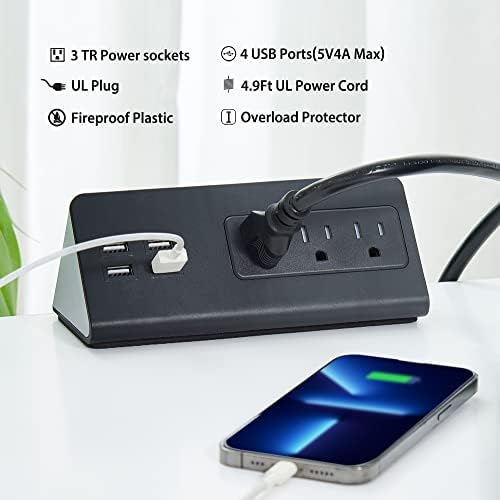 Revolutionize Your Workspace with Edge Mount Power Strip – 3 AC Outlets & 4 Fast Charging USB Ports, 1250 Joules Surge Protection for Home Office, Dormitory, or Nightstand – Sleek Design for Maximum Space Efficiency and Device Compatibility
