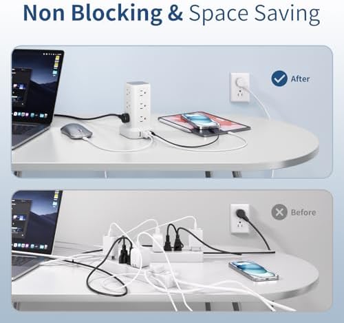 Ultimate Surge Protector Power Strip Tower with 10 FT Cord and 4 USB Ports (1 USB C) – 12 AC Outlets for Home Office and Dorm Room – Space-Saving Design with Enhanced Protection for Your Electronics and Fast Charging Solutions