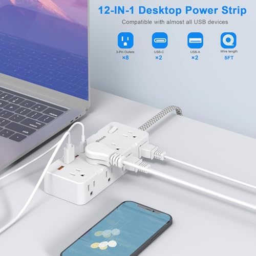Ultimate Power Strip Surge Protector – 8 Outlet Multi Plug Adapter with 4 Fast-Charging USB Ports (2 USB-C), 5 FT Flexible Extension Cord, 45° Ultra-Slim Flat Plug Design for Seamless Wall Mounting in Office, Travel, or Dorm Settings – Superior Device Protection and Charging Efficiency