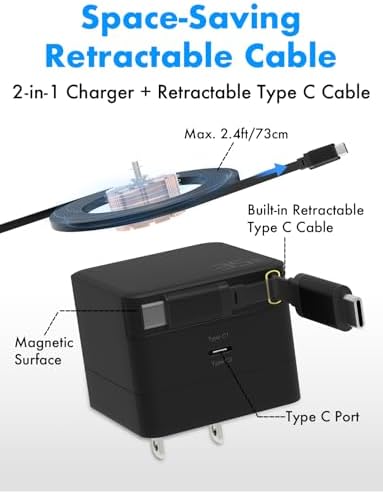Portable USB C Retractable Charger – 35 W Ga N Fast Charging Adapter with Type C Cable for i Phone 16/15 Pro Max, i Pad, Galaxy, and Pixel – Compact Foldable Wall Charger for Effortless Travel and Enhanced Device Compatibility