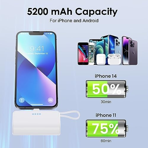 Ultra-Compact 5200 m Ah Power Bank with Built-in USB-C Cable – High-Speed Mini Charger for i Phone 15/14/13/12/XR/8/7/6 & Android Devices – Perfect On-the-Go Backup Solution for Busy Lifestyles with LED Battery Indicator and Enhanced Compatibility