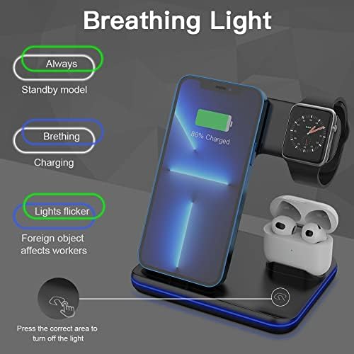 Ultimate 3-in-1 Wireless Charging Station for i Phone, Apple Watch & Air Pods – 15 W Rapid Power Delivery with Customizable LED Lighting – Space-Saving Design for Clutter-Free Desktops & Nightstands – Effortless Cable-Free Charging Experience!