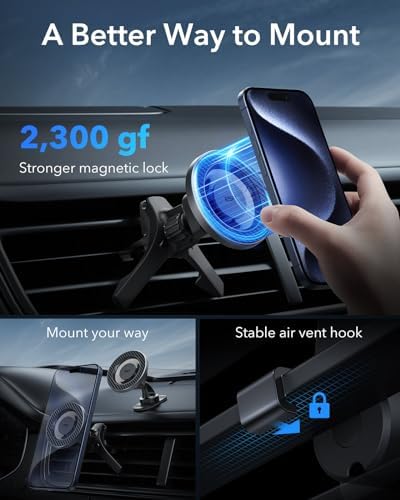 ESR Mag Safe Car Mount – Magnetic Phone Holder for Air Vent & Dashboard, Compatible with i Phone 16/16 e/15/14/13/12, Samsung, and All Smartphones – Includes 2 Metal Rings for Enhanced Stability – Sleek Design for Effortless Driving Experience