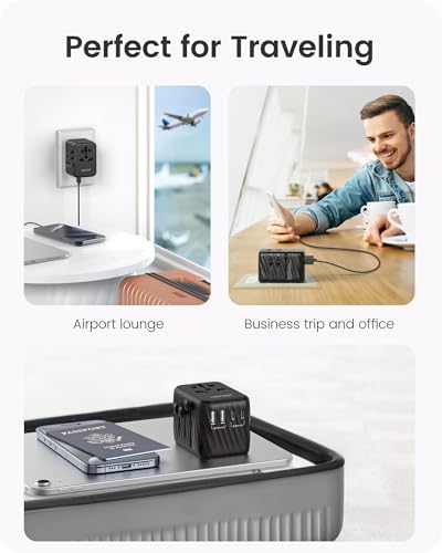 LENCENT 85 W Universal Travel Adapter with Retractable USB-C Cable – High-Speed International Plug Converter Featuring 3 Type-C & 1 USB-A Ports for Effortless Worldwide Charging – Your Ultimate Travel Essential for Maximum Compatibility, Fast Charging, and Ga N Technology Efficiency