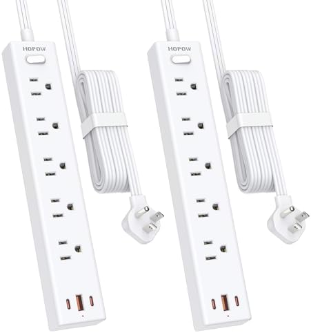 Ultra-Slim 15 FT Flat Plug Power Strip with 5 Outlets & 3 Smart USB Ports – 1700 Joules Surge Protector for Home, Office & Dorm Use – Space-Saving Design with Right-Angle Plug for Optimal Access and Charging Efficiency