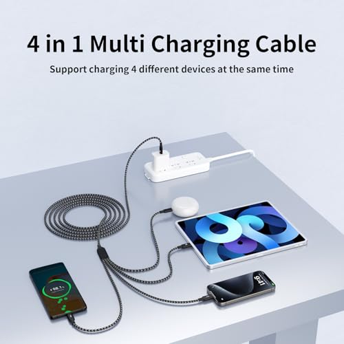 Ultra-Fast 240 W 4-in-1 USB C Charging Cable with Breathing Light Indicator – Multi-Device Compatibility for i Phone, i Pad, Samsung Galaxy, and Mac Book – 5 Ft Durable Cord in Stylish Purple for Efficient Data Sync and Enhanced Charging Performance