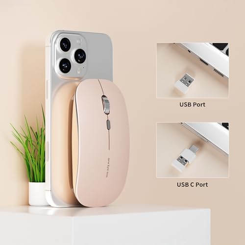 Uciefy Q5 Slim Rose Gold Wireless Mouse – Portable Optical Rechargeable Design with Silent Click, USB Receiver & Type C Adapter for Effortless PC, Laptop & Desktop Compatibility – Elevate Your Workspace with Style & Precision