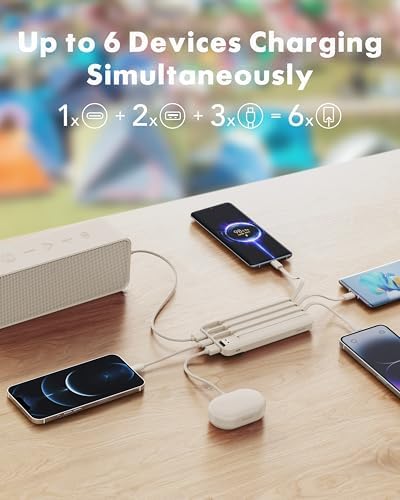 Sleek 10,000 m Ah Multi-Device Portable Charger with Built-In Cables – High-Speed 3 A Power Bank for i Phone, Samsung, Pixel, LG, Moto, i Pad – Ultimate Travel Essential with 6 Outputs for Effortless Charging on the Go