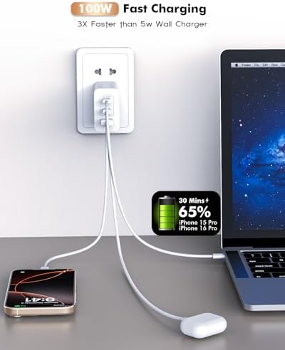 100 W Multi-Port USB-C Fast Charger with 6 FT Woven Cable – Ultra-Fast Power for Mac Book, i Phone 16/Plus/Pro, i Pad 10 & More – Compact & Durable Charging Solution for Home, Office, and Travel