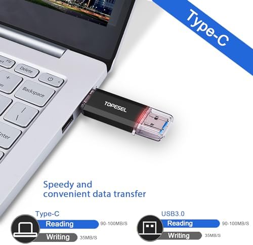 TOPESEL 64 GB Dual Type C USB Flash Drive – High-Speed 2-in-1 Thumb Drive with USB 3.0/3.1 Gen1 Compatibility, LED Indicator, and Portability for Effortless File Sharing Between PCs and Smartphones – Ideal for All Your Data Storage Needs