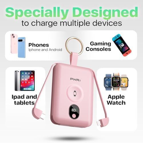 Versatile PWR Versa 4 in 1 Portable Charger for Apple Watch – 5000 m Ah Wireless Power Bank with Built-in Cables and Travel Keychain – Fast Charging, Enhanced Device Compatibility, and Durable Design for On-the-Go Power Solutions