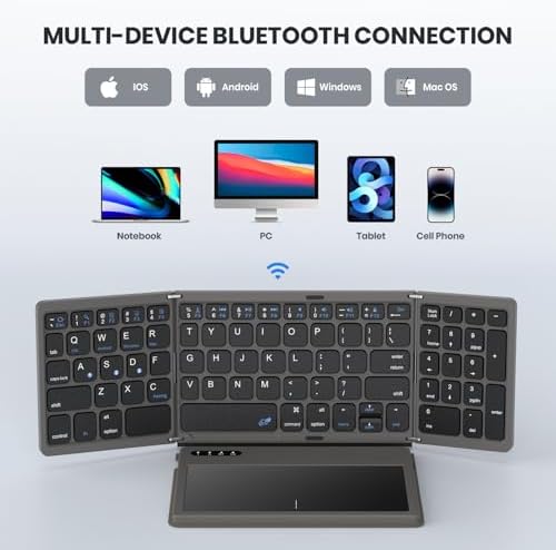 Ultimate Portable Bluetooth Keyboard with Touchpad – Foldable Full-Size Wireless Keyboard for Windows, Android & Mac – Sync 3 Devices, Premium PU Leather Design for Travel & Home Use