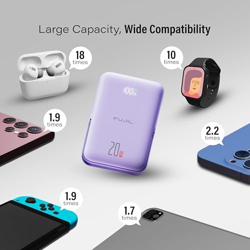 10,000 m Ah Magnetic Power Bank with Metal Kickstand, Ultra-Fast 20 W Charging, LED Battery Indicator, USB-C & Mag Safe Compatibility – Ideal for i Phone 15/14/13/12 Pro Series and Android Devices, Lightweight Design for On-the-Go Convenience