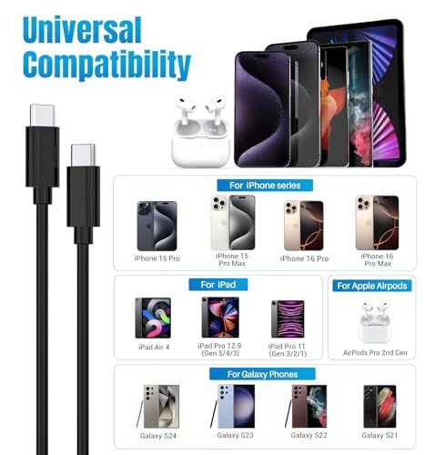 Ultimate 5-Pack 6 ft USB C to C Fast Charging Cables – 60 W Power Delivery for i Phone 16 Series and Galaxy S25, S24, S23, S22 – Durable, Flexible, High-Speed Charging Solution in Sleek White Design for Home & On-the-Go Use