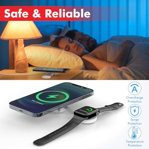 Ultra-Portable 2-in-1 Wireless Charger for Apple Devices – 15 W Qi 2 Certified Magnetic Charging Puck with Built-In Stand for i Phone, Air Pods & Apple Watch – Travel-Friendly Design with Durable USB-C Cable – Streamlined Charging Solution for On-the-Go Connectivity