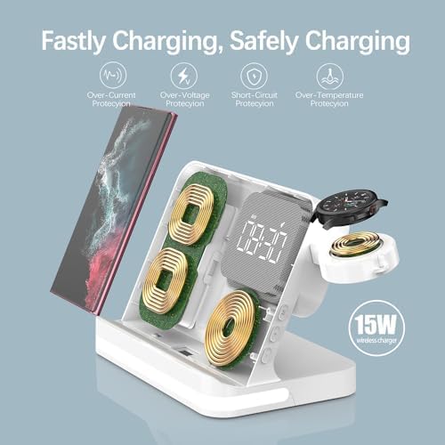 Revolutionary 5-in-1 Wireless Charging Station with Digital Clock, Night Light, and Temperature Display – 15 W Fast Charge for Qi Phones, Smartwatches & TWS Earbuds – Enhanced Safety Features and Space-Saving Design for Home or Travel