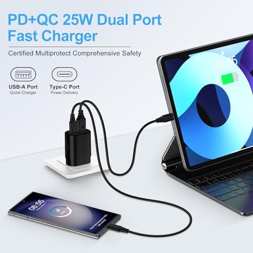 Rapid Charge 25 W Dual Port USB-C Wall Adapter – High-Efficiency Fast Charger for Samsung Galaxy, i Phone, and Pixel Devices – Compact, Portable Power Block with Advanced Safety Features – Perfect for Galaxy Watch, Z Fold, A & S Series Models