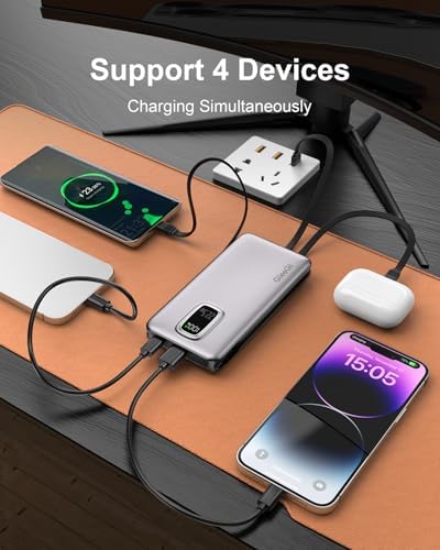 Ultimate 10000 m Ah Portable Power Bank with Built-In USB-C, USB-A & i OS Cables – 22.5 W Fast Charging Power Bank for i Phone 16/15/14/13, Samsung S24/S23/S22/S21, i Pad & More – Lightweight, Airline-Approved Charger for On-the-Go Convenience and Enhanced Device Compatibility