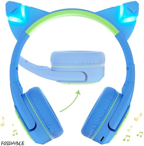 Riwbox CF9 Cat Ear Bluetooth Headphones for Kids – Safe 85 d B Volume Limit, Fun LED Light-Up Design, Dual Microphones for Clear Calls, Perfect for Tablets, Schools, Air Travel & Remote Learning, Lightweight Comfort in Trendy Purple