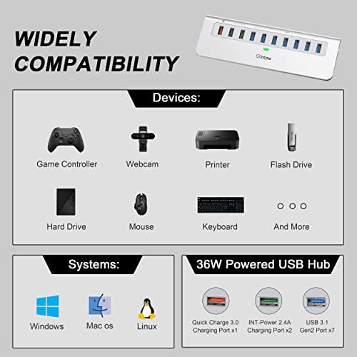 Ultimate 10-Port USB Hub 10 Gbps – Powered Aluminum Data Hub with 7 USB 3.1 Ports & 3 Fast Charging Ports for Mac, PC, and Laptop – 36 W Power Adapter Included, Type A & C Connectivity for Enhanced Performance and Speed