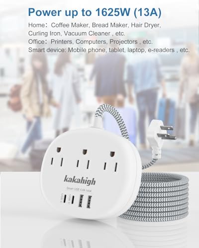 Stylish Brown Extension Cord with 1080 J Surge Protection – 5 FT Flat Braided Design Featuring 3 AC Outlets & 4 USB Ports (24 W/4.8 A) for Fast Charging – Ideal Tan Desk Accessory for Powering Devices Safely & Efficiently