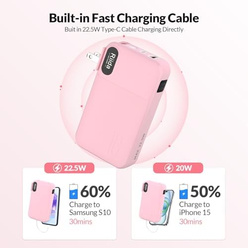 Ultimate 10,000 m Ah Portable Charger with Built-in Cables – 22.5 W Fast Charging Power Bank for i Phone 16/15/14/13, Samsung Galaxy S24/S23/S22, Google Pixel, and LG Devices – Travel-Friendly Battery Pack with AC Wall Plug for Effortless Recharging, Sleek Black Design for On-the-Go Convenience