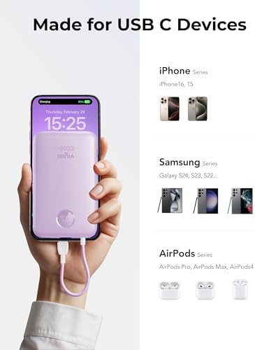 Slim Pink Portable Charger 10000 m Ah – USB-C Power Bank with Built-in Cable & LED Display for Fast Charging – Travel-Friendly Battery Pack Compatible with i Phone 16, 15, Samsung S24, S23 – Ultimate Convenience & Style