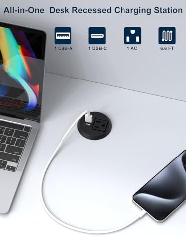 Recessed Desktop Power Grommet with PD 20 W Fast Charging USB-C and QC3.0 USB-A Ports – ETL Certified 2-Inch Outlet for Office, Home, Nightstand, and Kitchen with 6 ft Extension Cord (Black) – Streamlined Charging Solution to Minimize Clutter and Maximize Efficiency