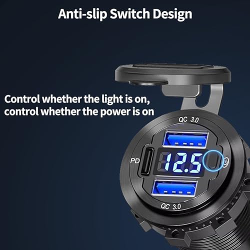 Aluminum Alloy Dual Quick Charge 3.0 USB C Car Charger with Voltmeter – Fast Charging Adapter for Auto, RV, and Truck – PD 3.0 Compatible Cigarette Lighter Replacement with On/Off Switch for Enhanced Power Management