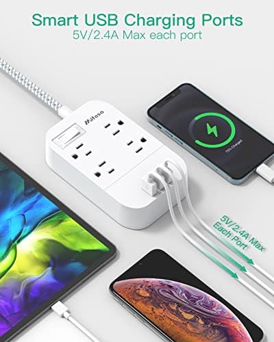 Versatile 10 Ft Braided Power Strip with Flat Plug – 4 Outlets & 3 USB Charging Ports for Effortless Device Management, Overload Protection, and Space-Saving Wall Mount Design for Home and Office Use