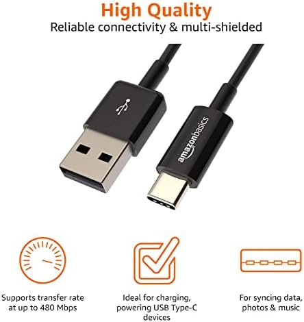 Elevate Your Charging Game: Amazon Basics 5-Pack 3-Foot USB-C to USB-A 2.0 Fast Charger Cables, 480 Mbps Data Transfer, USB-IF Certified for Ultimate Device Compatibility – Ideal for i Phones, i Pads, Samsung Galaxies & Laptops – Sleek Black Design for Professional Use