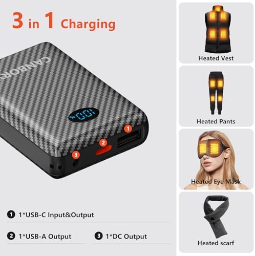 Maximize Your Outdoor Comfort: 2 Pack High-Capacity Heated Jacket Battery with 12000 m Ah Rechargeable Power Bank – Universal DC/USB/Type-C Output for All Heated Apparel and Mobile Devices, Ensuring Warmth and Connectivity on Every Adventure