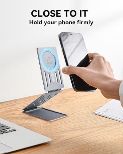 Magnetic Tri-Fold Cell Phone Stand for Desk, Adjustable Metal Phone Holder for Magsafe, Portable & Foldable Card Phone Mount for Recording, Office Small Stand for iPhone 16/15/14/13/12(Black) – Enhanced Compatibility and Speed