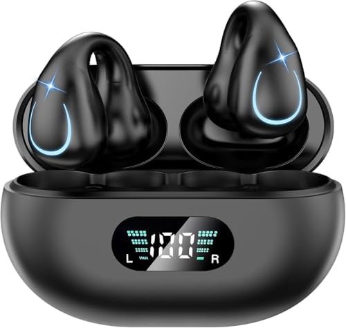 Revolutionary Open Ear Clip Bone Conduction Headphones for Active Lifestyles – Bluetooth Sports Earphones with Waterproof Technology, Built-in Microphone for Effortless Hands-Free Calling, Secure Fit Earhooks for Ultimate Stability, and Smart Wireless Charging Case with Display for Simplified Power Management – Ideal for Running, Cycling, and Outdoor Fitness Adventures