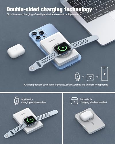 5000 m Ah Wireless Magnetic Power Bank with 15 W Fast Charging – Dual Device Charger for i Phone 16/15/14/13/12, Smartwatches & Earbuds – Compact Travel-Friendly Design with 20 W Output & Smart Safety Features for Reliable Power On-the-Go