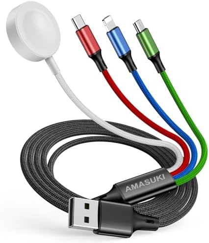 Versatile 4-in-1 5 FT Charging Cable Duo for Apple Watch & i Phone – Multi-Compatible USB C, Micro USB, and Lightning Connectors – Fast & Efficient Charging for i Watch Ultra Series 10/9/8/7/6/SE/5/4/3 and i Phone 16/15/14/13/12 – Durable Design for Everyday Use