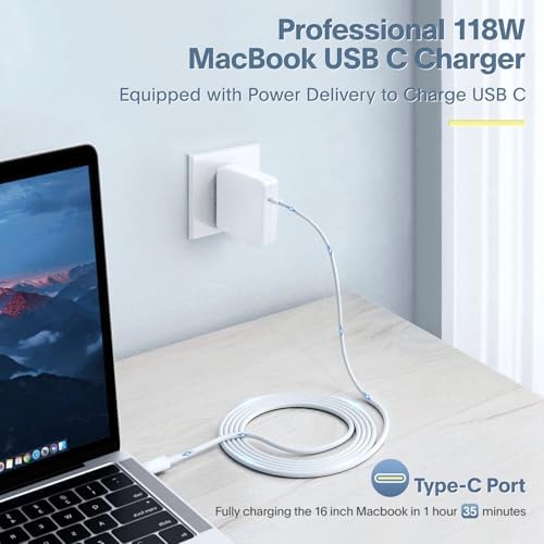 Ultra-Fast 118 W USB-C Power Adapter for Mac Book Pro & Air – Charge Your M1, M2, M3, M4 Devices in Record Time with 6.6 ft Cable – Smart IC Technology for Optimal Safety and Efficiency – Compact, Lightweight Design for Home and Travel Use – Compatible with i Pad Pro & All USB-C Devices – Experience Industry-Leading Charging Performance and Save Hours on Your Charging Time
