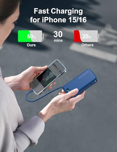 Ultra-Portable 20000 m Ah Power Bank with Built-In Cables & AC Plug | PD 20 W Fast Charging for i Phone, Samsung, Android | LED Display Travel Charger – Charge Multiple Devices Seamlessly and Stay Powered On-the-Go