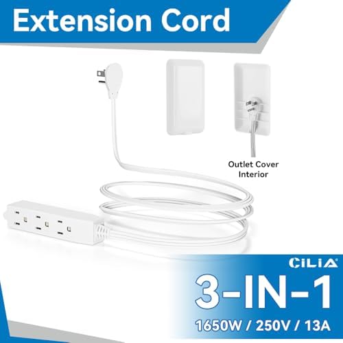 CILIA Ultra-Thin Flat-Face Outlet Extender – 3-Outlet Childproof Power Strip with 3 ft Extension Cord, Space-Saving Wall Plate for Home & Office, Smart Cord Management Solution, Enhanced Device Compatibility in White