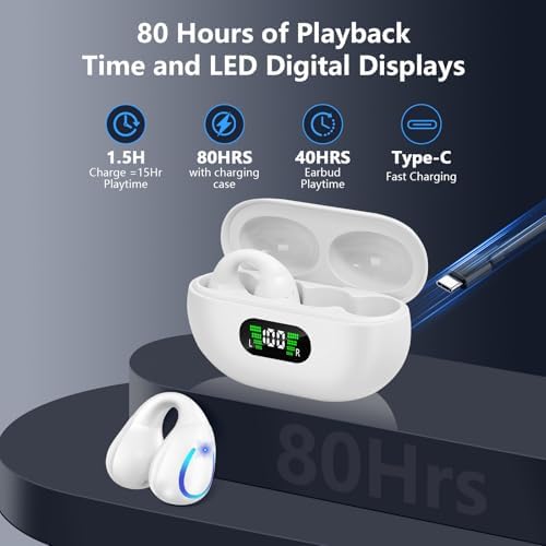 Revolutionize Your Audio Journey with Cutting-Edge Open Ear Bone Conduction Bluetooth 5.3 Earbuds – Ergonomic Clip-On Design for Active Lifestyles, Unmatched 60-Hour Playtime in Digital Display Charging Case, IPX7 Waterproof for Ultimate Performance and Comfort, Stay Aware of Your Surroundings While Enjoying Pristine Sound Quality