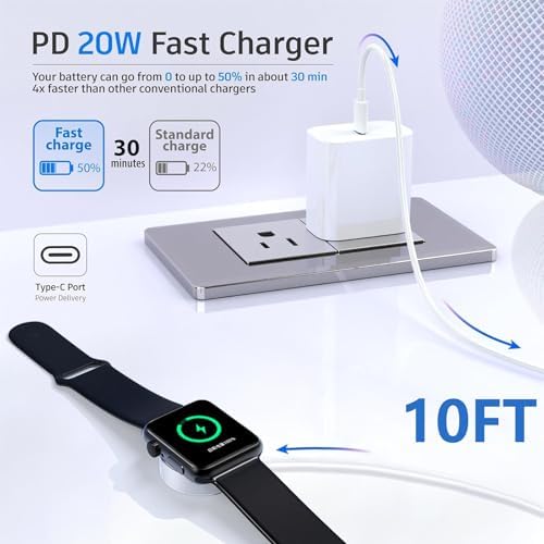 10 FT Ultra-Fast Wireless Charger for Apple Watch – 20 W USB-C Power Cable, Compatible with All Series (1-10, SE) – Dual-Pack for Ultimate Charging Flexibility and Rapid Power Delivery