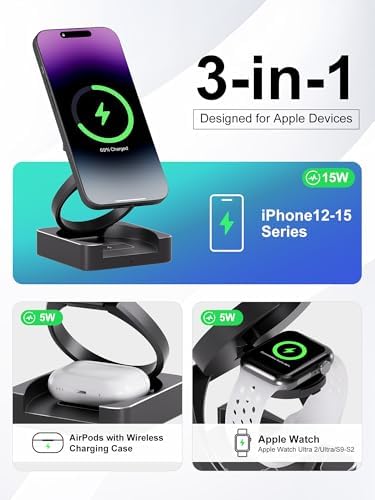 Ultimate 3 in 1 Wireless Charging Station – Qi2-Certified Foldable Charger for i Phone 15/14/13/12, Apple Watch & Air Pods – Fast, Portable Power Hub with Safety Features for On-the-Go Users