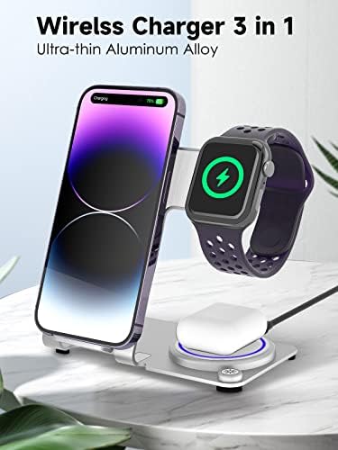 3-in-1 Aluminum Alloy Wireless Charging Station – 18 W Fast Charger for i Phone 15/14/13/12/11/Pro/Max/XS/XR/X/8, Apple Watch 9/8/7/6/5/4/3/2/SE & Air Pods Pro/3/2 – Sleek, Efficient, and Tangle-Free Solution for All Your Devices