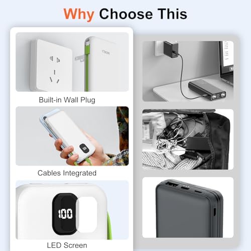 Ultra-Slim 12000 m Ah Power Bank with Integrated Cables and AC Plug – High-Speed Charging Solution for i Phone 16/15/14/13 and Android Devices – Travel-Ready Design with Intelligent Safety Features and Triple Device Charging Capability – Ultimate Portable Battery Pack for On-the-Go Power