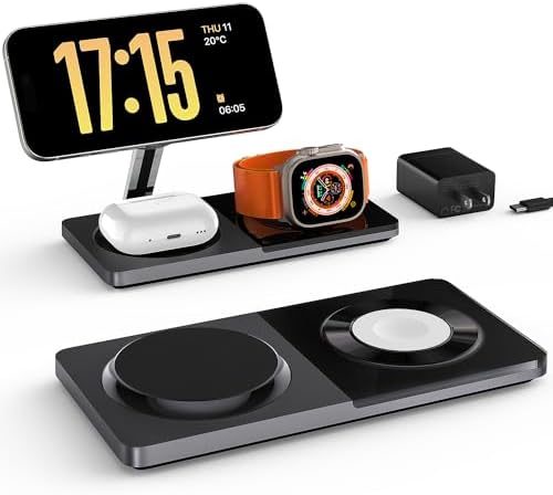 Revolutionize Your Charging Experience: 3-in-1 Fast Charging Station for Apple Devices with Mag-Safe Technology – Wireless Dock for i Phone 16/15/14/13/12 Series, Apple Watch Series 1-9/Ultra, and Air Pods Pro – Includes 30 W USB Charger in Sleek Silver Finish for Optimal Compatibility and Speed