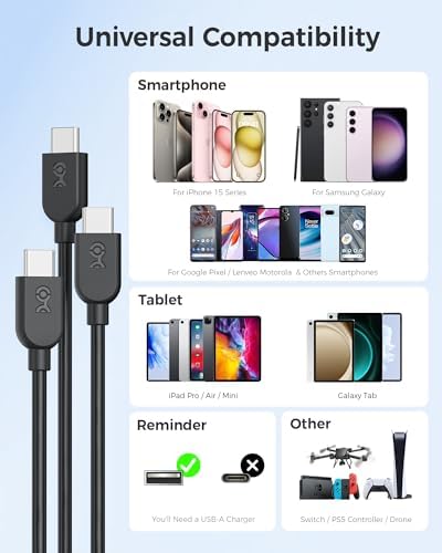 Ultra-Flexible 10 FT USB A to USB C Cable Set – 3-Pack for Seamless Charging & Data Transfer | Compatible with i Phone 16/15 Pro Max Plus, Galaxy S23, Apple Car Play & Android Auto | Premium White Design for Maximum Versatility and Speed